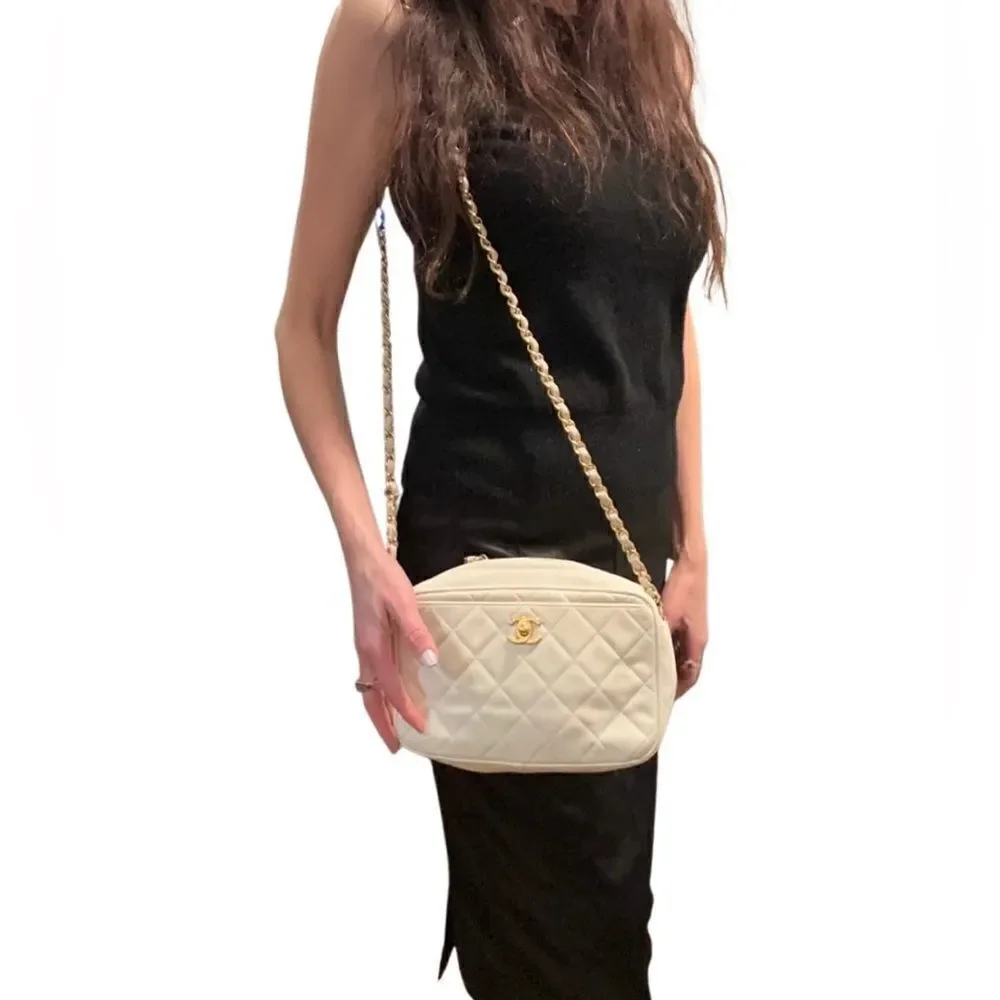 Chanel beige quilted gold tone leather crossbody bag